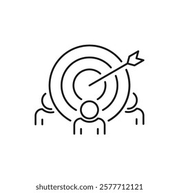 Target audience icon. Depicts a stylized group of figures with a dart hitting a target above them, symbolizing precise candidate search, talent acquisition. Vector illustration