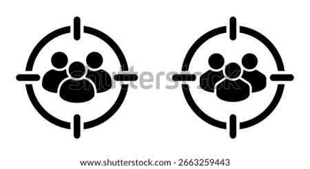 Target Audience Icon. Group of People in Crosshair. Marketing Strategy Symbol. Customer Segmentation. Focus on Clients. Black Silhouette Icon Isolated on White Background. Vector Illustration.