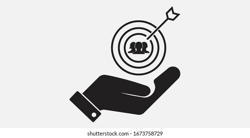 Icono de audiencia de destino. Usuario, destino con icono de mano. Icono de ilustración del vector.
