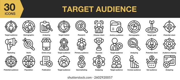 Target Audience Icons Collection. Includes megaphone, advertisment, dart, folder, and More. icons vector collection.