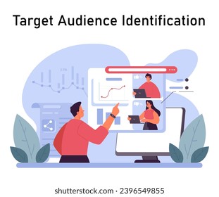 Zielgruppe Zielgruppe Identifikation. Marketingspezialisten arbeiten an der digitalen Analyse, um das ideale Kundenprofil zu definieren und so den strategischen Fokus zu verstärken. Demografische Analyse des Benutzers. Flache Vektorgrafik