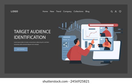 Identifikation der Zielgruppe. Marketingspezialisten arbeiten bei der Digitalanalyse zusammen, um das ideale Kunde-Profil zu definieren und so den strategischen Fokus zu stärken. Demografische Analyse der Benutzer. flache Vektorillustration