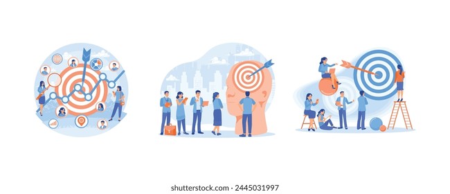 Público objetivo para mejorar el marketing. Objetivo en el icono de la cabeza humana. El equipo de negocios trabaja hacia el éxito. Concepto de Business Target. Fije la Ilustración vectorial plana.