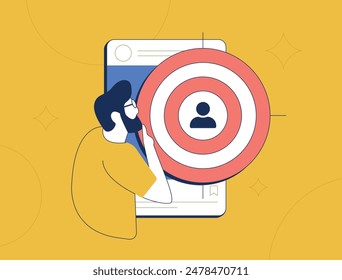 Target Audience Influencer Engagement Rate Marketing. Social Media in Customer Acquisition and Retention. Audience Engagement, customer acquisition vector illustration isolated on yellow background