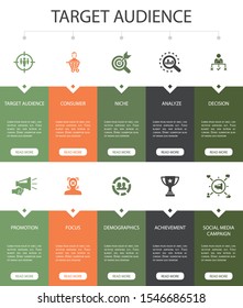 target audience Infographic 10 steps UI design.consumer, demographics, niche, promotion simple icons