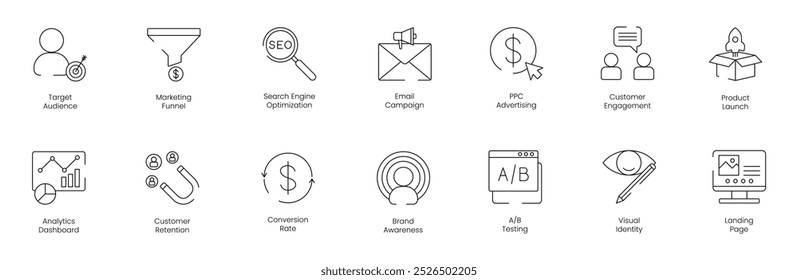 Conjunto de ícones de funil de marketing e público-alvo incluindo SEO, campanha de e-mail, anúncio PPC, envolvimento do cliente, lançamento do produto, painel analítico, conjunto de ícones de vetor de retenção do cliente