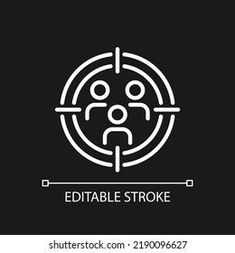 Target audience pixel perfect white linear icon for dark theme. Customer research. Consumer segmentation. Thin line illustration. Isolated symbol for night mode. Editable stroke. Arial font used