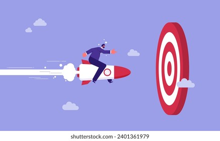Target audience and powerful marketing strategy, businessman riding rocket missile to a big target, motivation or challenge to achieve success