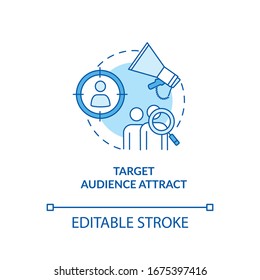 Target audience search and attraction concept icon. Marketing strategy idea thin line illustration. Product and studio promotion. Vector isolated outline RGB color drawing. Editable stroke