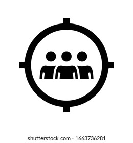 Icono negro de búsqueda de la audiencia objetivo, ilustración conceptual, símbolo plano vectorial, signo de glifo.