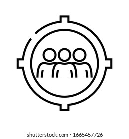 Icono de línea de búsqueda de audiencia objetivo, signo de concepto, ilustración de vector de esquema, símbolo lineal.