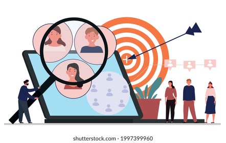 Target Audience Segmentation, Customer Group Selection Concept. Male Character Examines Group Of People Under Magnifying Glass. Marketing Research. Flat Cartoon Vector Illustration. Abstract Metaphor