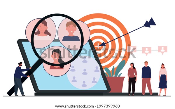 Target audience segmentation, customer group\
selection concept. Male character examines group of people under\
magnifying glass. Marketing research. Flat cartoon vector\
illustration. Abstract\
metaphor