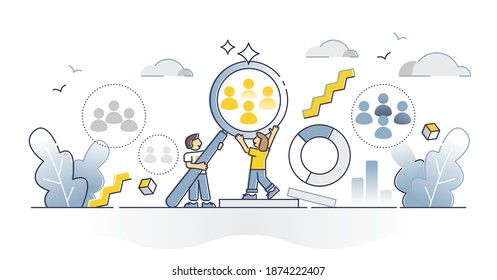 Target audience segmentation and group targeting strategy outline concept. Crowd selection dividing as project customer focus and analyze process vector illustration. Potential client management scene