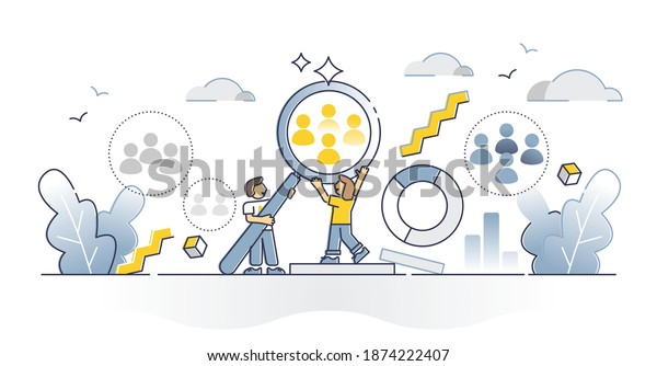 Target audience segmentation and group targeting\
strategy outline concept. Crowd selection dividing as project\
customer focus and analyze process vector illustration. Potential\
client management scene