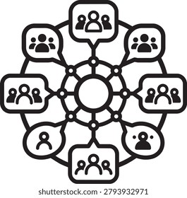 Target audience segmentation icon with customer profiles in speech bubbles. Social network community, decentralized public relations, and business communication hub concept. Black linear vector illustration isolated on white.