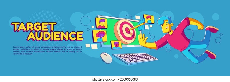 Target audience, seo, customer attraction banner. Internet marketing and digital business content creation. Contemporary character at computer desktop with bullseye, Cartoon linear flat vector concept