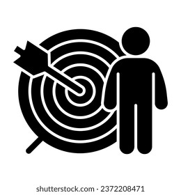 Target audience solid icon. Person and arrow in center of darts board glyph style pictogram on white background. Headhunting targeting for mobile concept and web design. Vector graphics