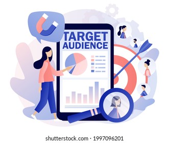 Target Audience. Tiny Woman Set Up Advertice On Social Networks In Smartphone App. Customers Outreach, Digital Targeting Marketing, Business Goal, Sales Generation. Modern Flat Cartoon Style. Vector 