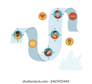 Target audience vector flat illustration. Cartoon icons of people different ages, gender, location, nationalities and social status. Potential customer research, seo focus group analysis interface