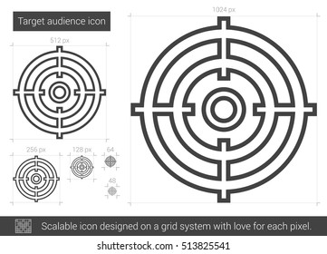 Icono de línea vectorial de audiencia objetivo aislado en fondo blanco. Icono de la línea de audiencia de destino para infografía, sitio web o aplicación. Icono escalable diseñado en un sistema de cuadrícula.