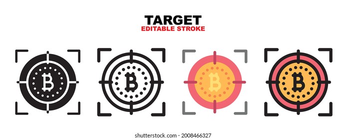 Target bitcoin icon with cryptocurrency collection. Icons are designed in full color, outline, flat, glyphs and lines. Perfectly editable strokes and pixels. Can use for web, mobile, ui and more.