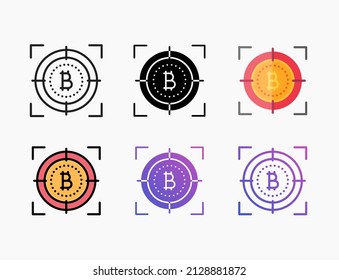 Target bitcoin icon set with line, outline, flat, filled, glyph, color, gradient. Editable stroke and pixel perfect. Can be used for digital product, presentation, print design and more.