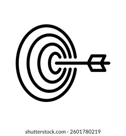 Target black line icon with arrow in a center of round aim board. 3D perspective side view symbol. Editable stroke.