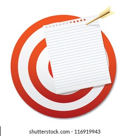 Target with a blank sheet of notebook and gold arrow. Vector