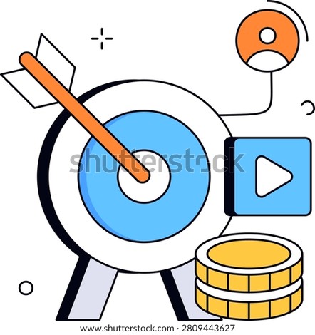 A target board with an arrow features a user icon media button and stacked coins. This conceptual graphic represents big data marketing and targeted advertising strategies.