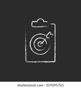 Target board and arrow hand drawn in chalk on a blackboard vector white icon isolated on a black background.