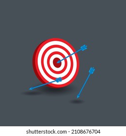 target board and arrows on gray background. red target board. blue arrows