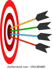 Target board, colorful arrows. Direct hit colored arrows, red, yellow, blue, green. Red white circle on perspective side wall. For stock market, archery, school, success, luck, exam. Vector graphic