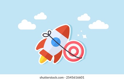 A target board tied with a rope to a rocket soaring into the sky, illustration of boosting business performance in achieving targets