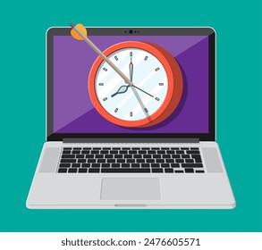 Target with bow arrow and clock on laptop screen. Time management, planning, business targeting and smart solutions. Deadline and in time concept. Vector illustration in flat style