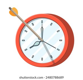 Target with bow arrow and clock. Time management, planning, business targeting and smart solutions. Deadline and in time concept. Vector illustration in flat style