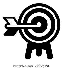 Target with bow arrow on tripod stand solid icon, design recruitment concept. Vector graphics. Task completed, success sign on white background, style mobile or design