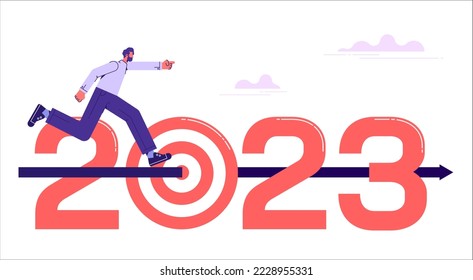 Target breaking successful on 2023 year. Businessman running on arrows to goals in 2023 year, vector illustration 