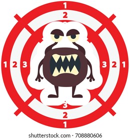 Target with brown monster flat style on white background for children game, medical poster, hellowen party. Vector Illustration