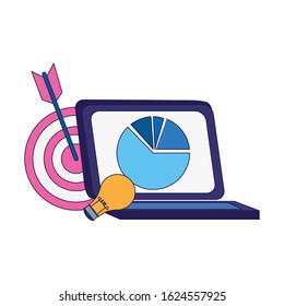 target, bulb and laptop computer over white background, vector illustration
