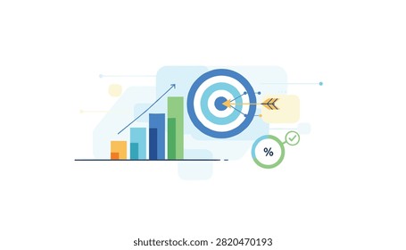 Target bullseye with arrow and bar chart illustrating goal achievement and performance.