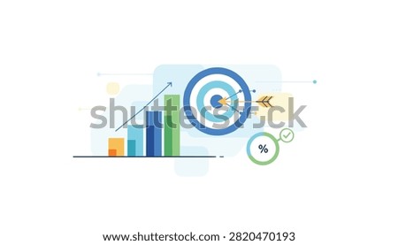 Target bullseye with arrow and bar chart illustrating goal achievement and performance.