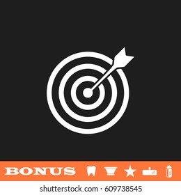 Target bullseye arrow icon flat. White pictogram on black background. Vector illustration symbol and bonus button tooth, vase, star, mirror, bottle