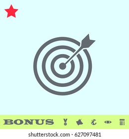 Target bullseye arrow icon flat. Grey pictogram on blue background. Vector illustration symbol and bonus buttons medal, cow, earth, eye, calculator