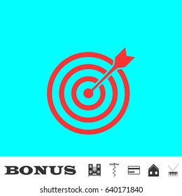 Target bullseye arrow icon flat. Red pictogram on blue background. Vector illustration symbol and bonus buttons Music center, corkscrew, credit card, house, drum