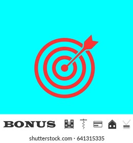 Target bullseye arrow icon flat. Red pictogram on blue background. Vector illustration symbol and bonus buttons Music center, corkscrew, credit card, house, drum