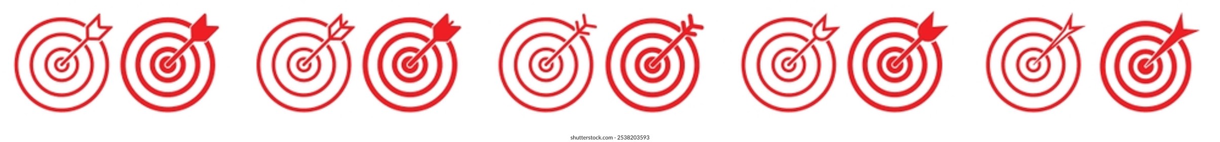 Dirige Bullseye con el ícono de arte de línea de flecha para App y Sitios web. Icono sólido de adquisición de destino. Icono de Vector gol en color rojo. Flechas que alcanzan con éxito un objetivo.