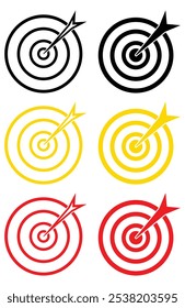 Target Bullseye with arrow line art icon for apps and websites. Target Acquisition Solid Icon. Vector icon goal in black, gold and red color. Arrows that successfully hit a target.