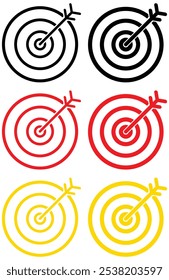 Target Bullseye with arrow line art icon for apps and websites. Target Acquisition Solid Icon. Vector icon goal in black, gold and red color. Arrows that successfully hit a target.