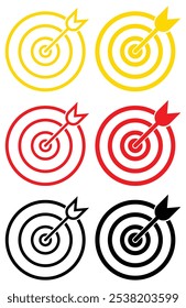 Target Bullseye with arrow line art icon for apps and websites. Target Acquisition Solid Icon. Vector icon goal in black, gold and red color. Arrows that successfully hit a target.